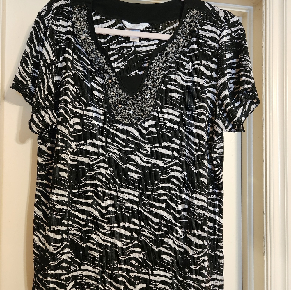 Christopher & Banks Black and White Embellished Shoet Sleeve Blouse.